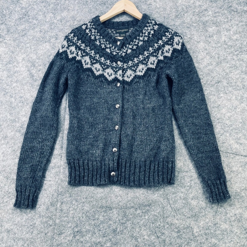 Banana Republic Fair Isle Cardigan Sweater Women Small Gray Alpaca Blend
Button
